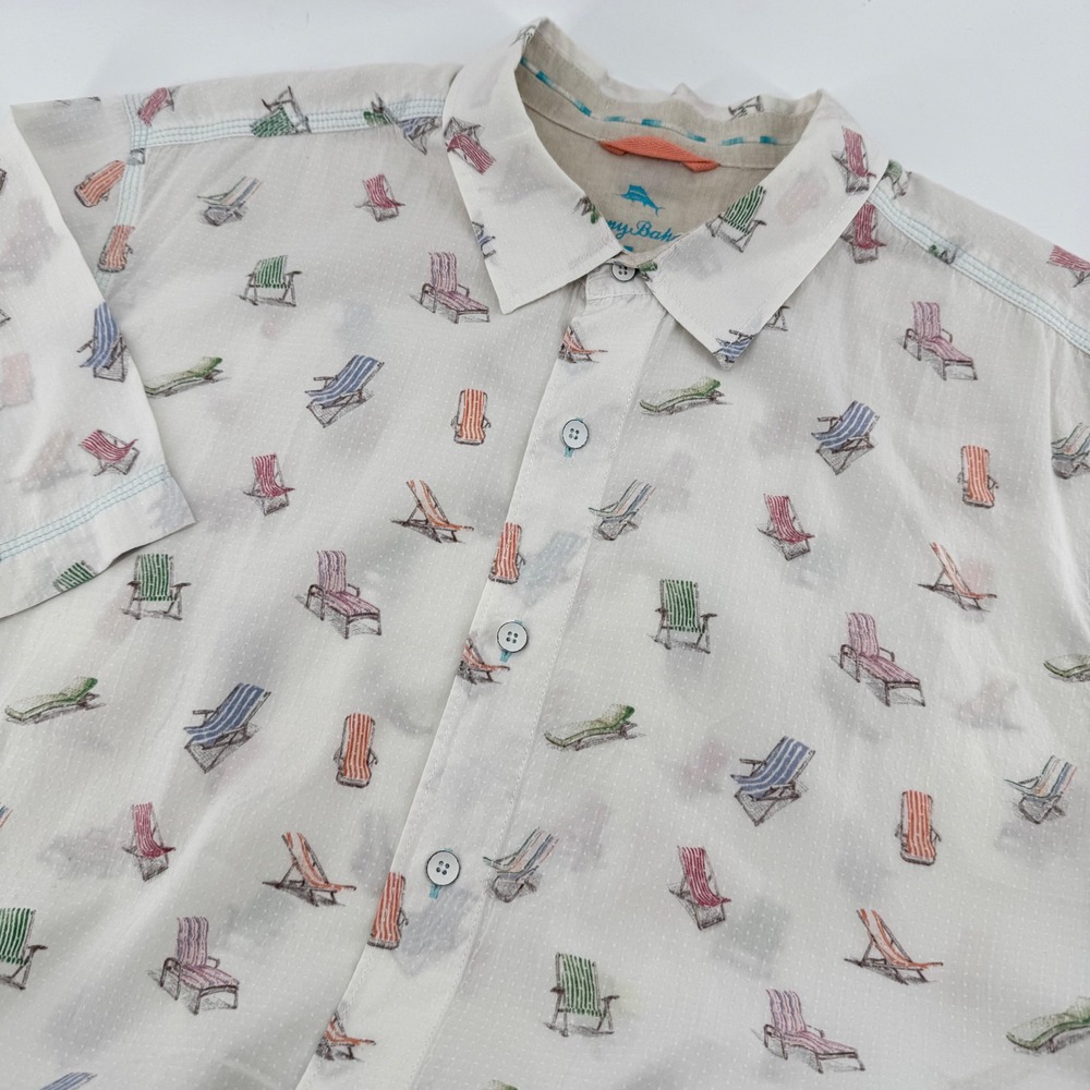 Tommy Bahama Button Up Shirt Mens XL White Beach Chair Print Relax Cotton